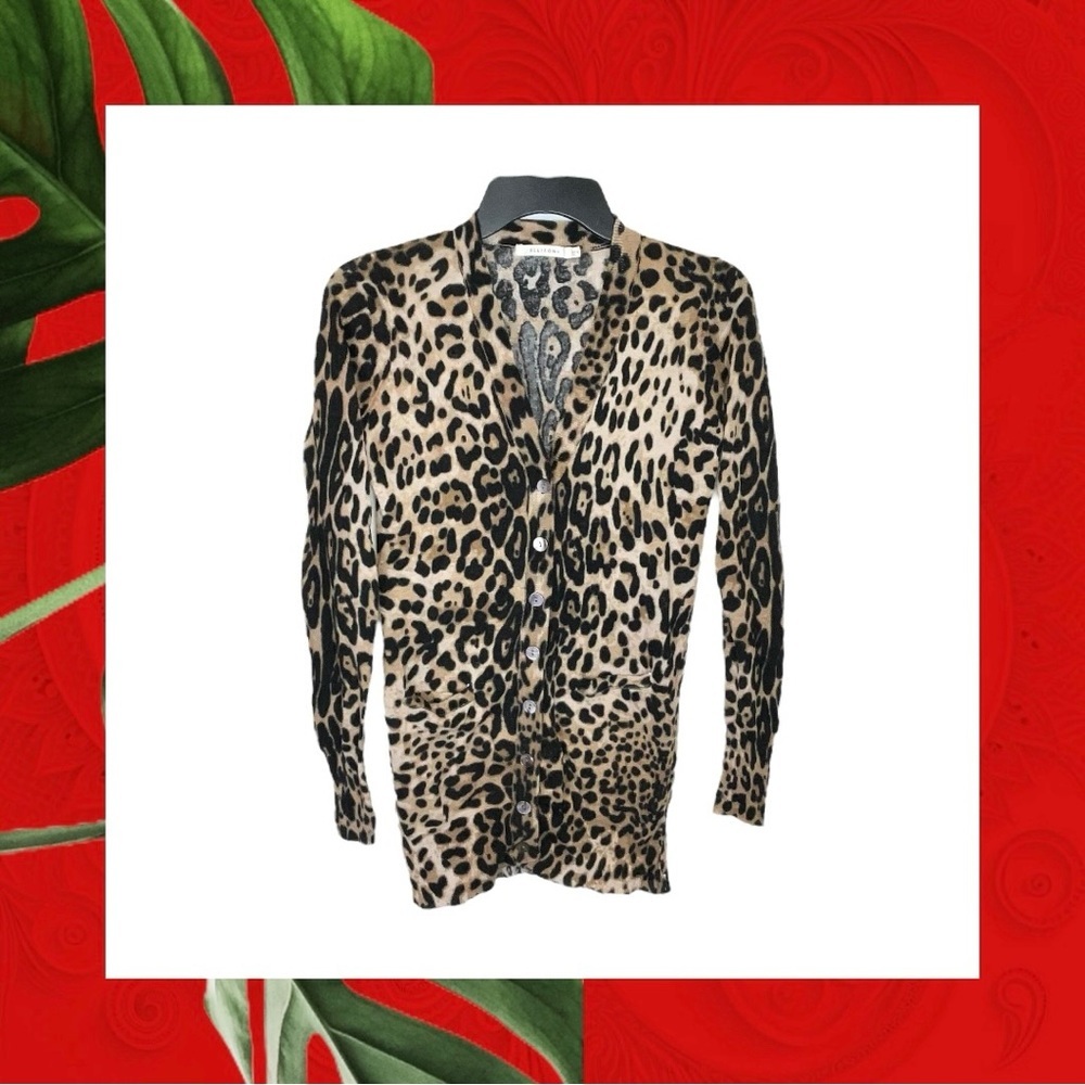 Ellison Tan, Beige, Black Leopard Print Button Sweater Women Sz Small